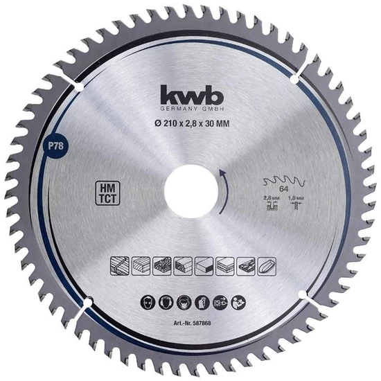 KWB Profi körfűrészlap 210x30x2,8mm TCT fogak:64 wolfram-karbid