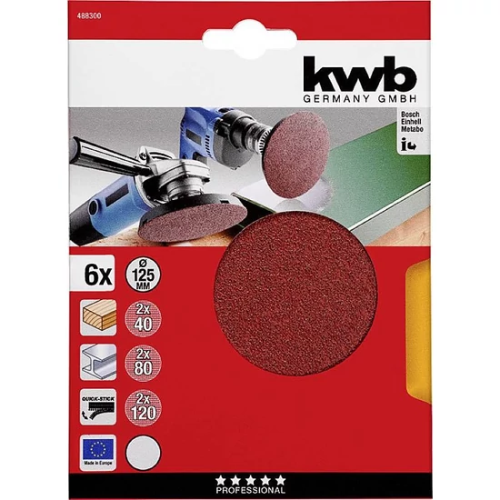 KWB tépőzáras papír csiszolókorong klt. 6 db  125 mm 2 x G40, 2 x G80, 2 x G120