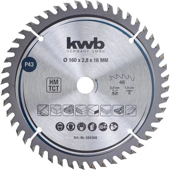 KWB Profi körfűrészlap 160x16x1,8mm TCT fogak:48 wolfram-karbid