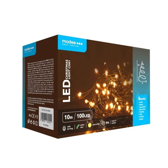 Modee Karácsonyi LED Füzér Plastic Adapteres meleg fehér 100LED/10m/10cm