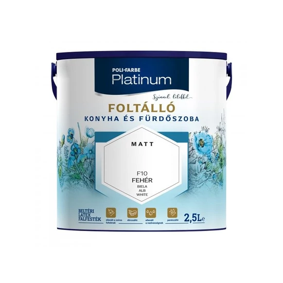 Poli-Farbe Platinum foltálló konyha és fürdőszoba F10 fehér 2,5L