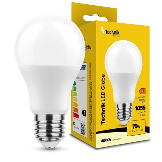 Technik LED Izzó Globe A60 11,1W E27 360° 4000K (1055 lumen) ERP