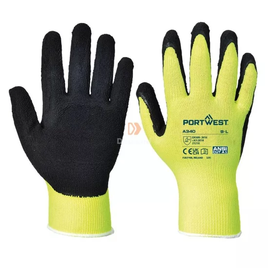 Portwest Hi-Vis Grip mártott latex védőkesztyű A340 sárga-fekete XXXS