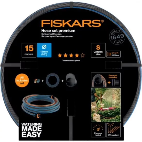 Fiskars Comfort locsolótömlő + tároló szett 13mm-es 1/2" 15m