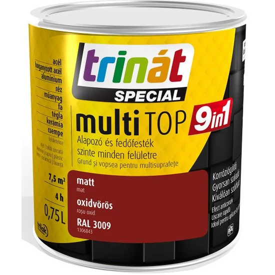 Trilak Trinát Special MultiTop 9in1 alapozó és fedőfesték 3009 vörös 0,75L